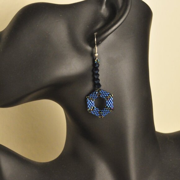 Blue Hexagon Beaded Earrings - Picture 3 of 6